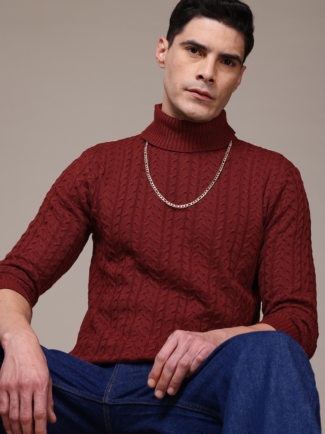 

The Roadster Lifestyle Co. Turtle Neck Cable Knit Sweater, Maroon