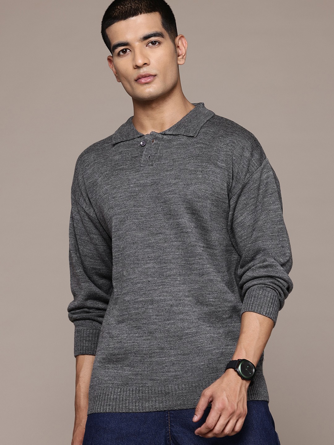 

The Roadster Lifestyle Co. Polo Collar Melange Effect Pullover, Grey melange