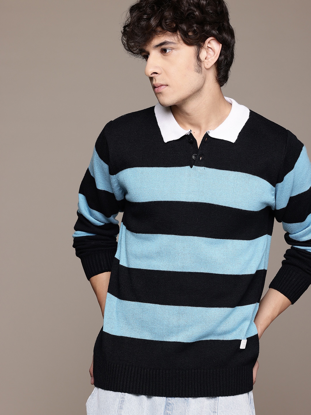 

The Roadster Life Co. Striped Polo Collar Pullover, Navy blue