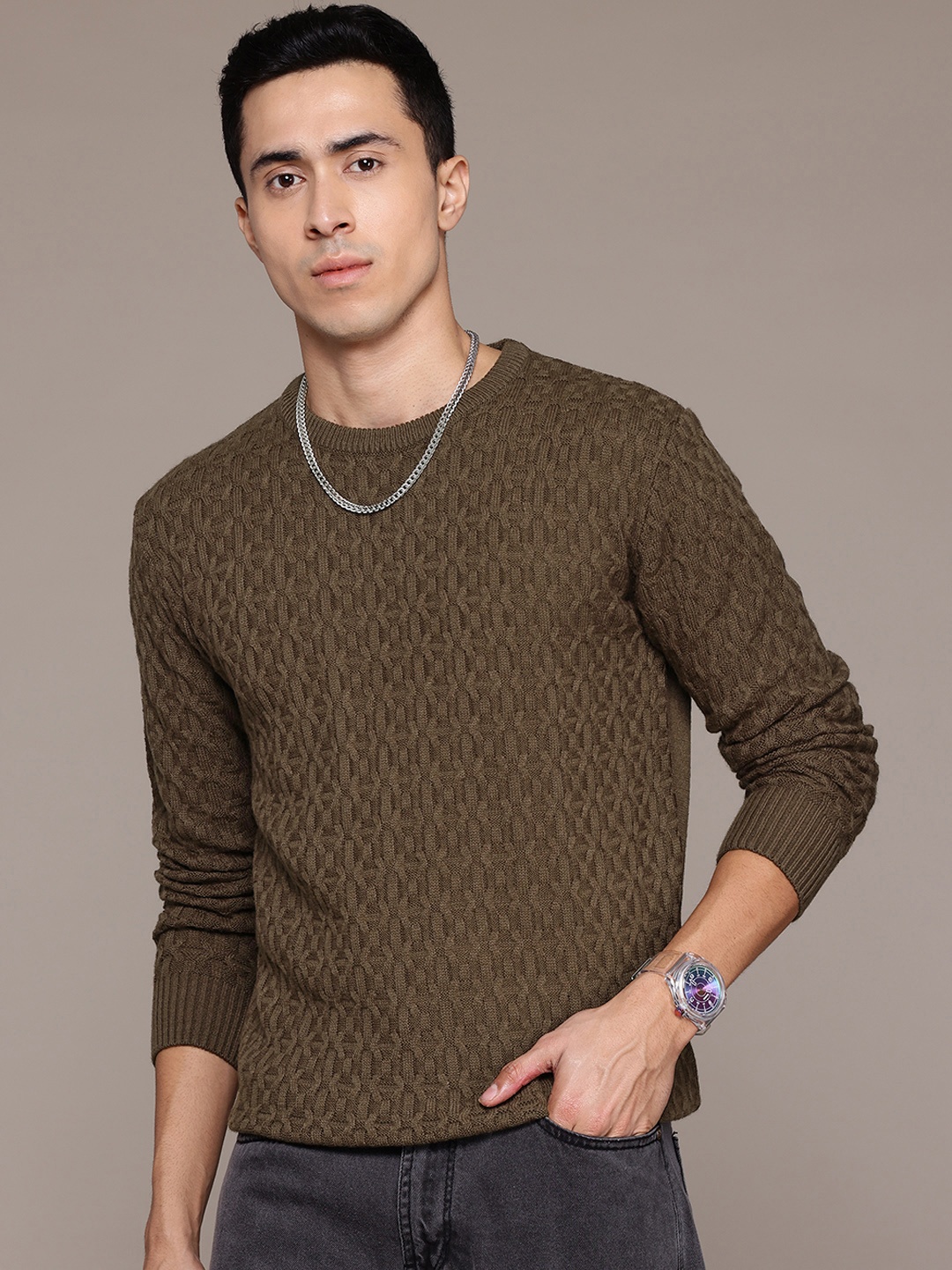 

The Roadster Lifestyle Co. Basket Weave Design Acrylic Pullover, Olive