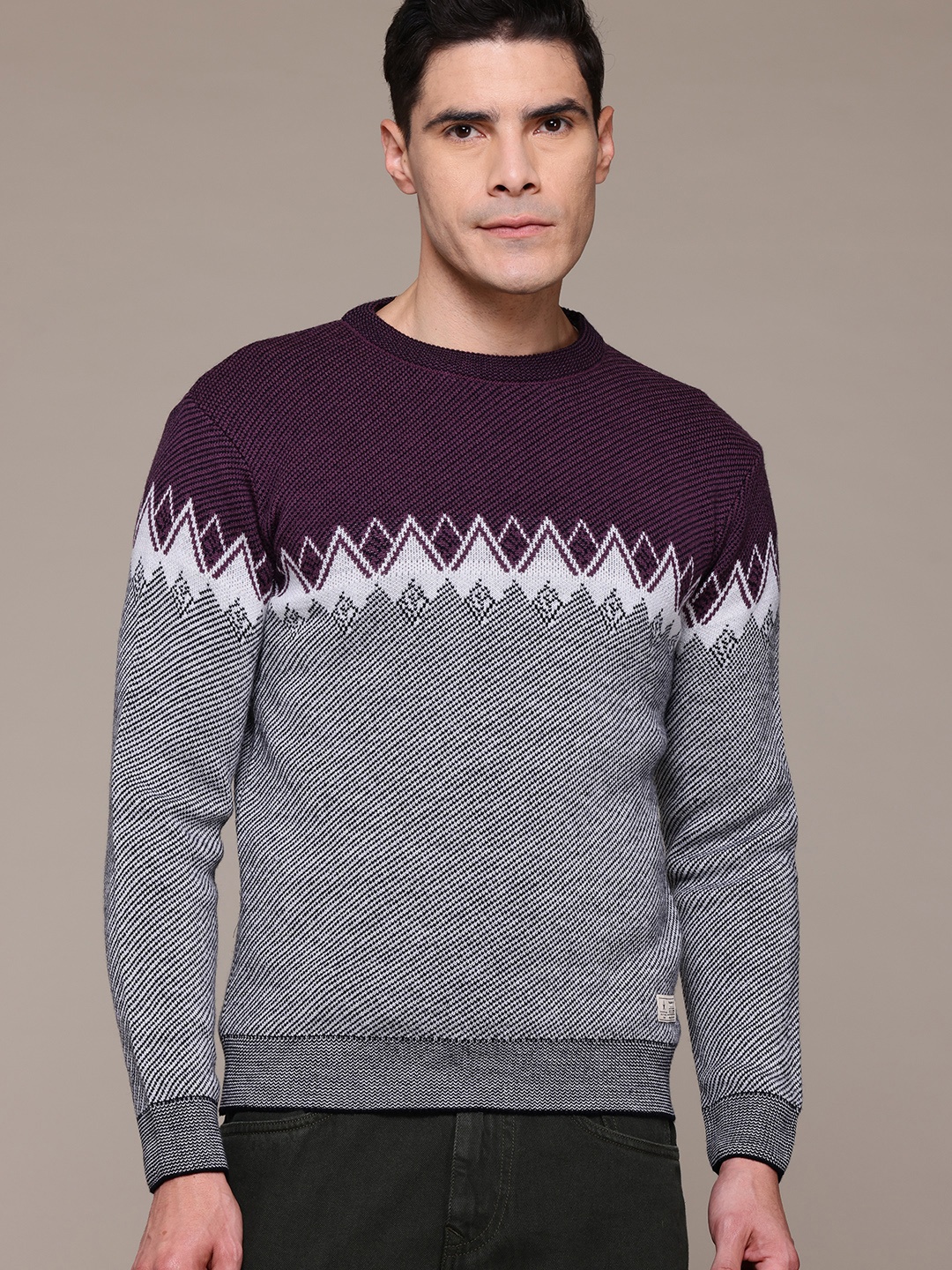 

The Roadster Lifestyle Co. Geometric Self Design Sweater, Purple