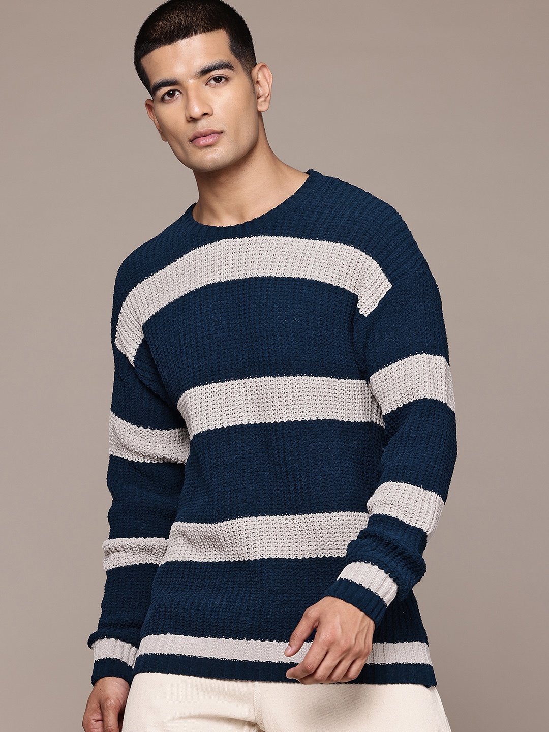 

The Roadster Lifestyle Co. Drop-Shoulder Striped Pullover, Navy blue