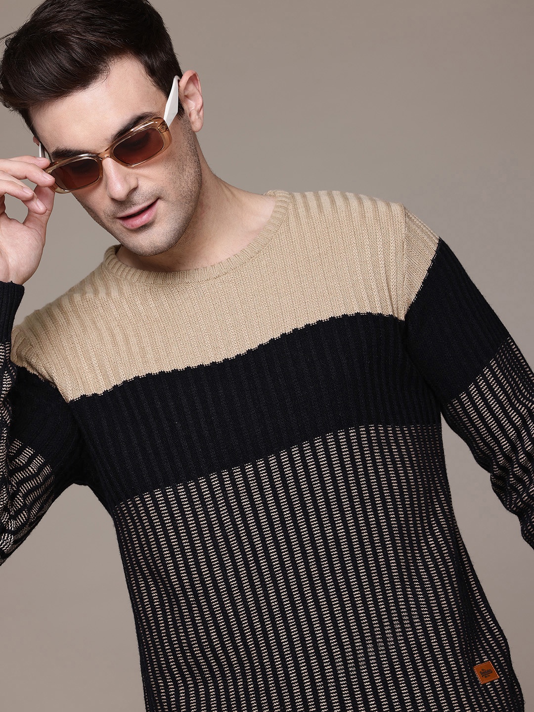 

The Roadster Lifestyle Co. Striped & Ribbed Pure Acrylic Longline Pullover, Beige