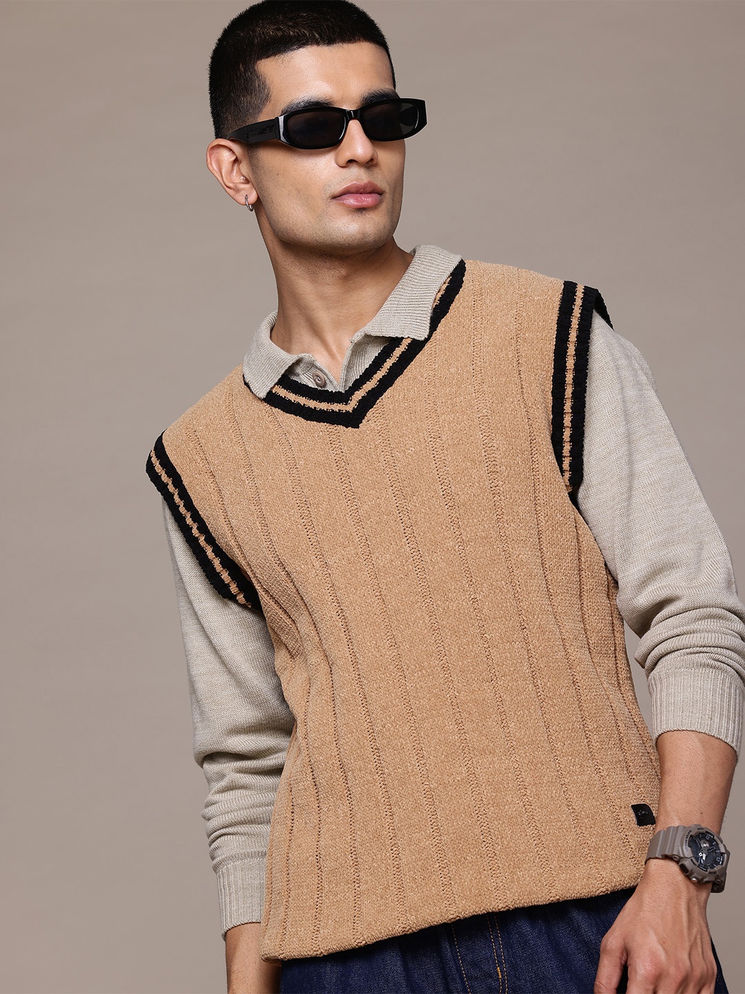 

The Roadster Lifestyle Co. Self-Striped Sweater Vest, Brown