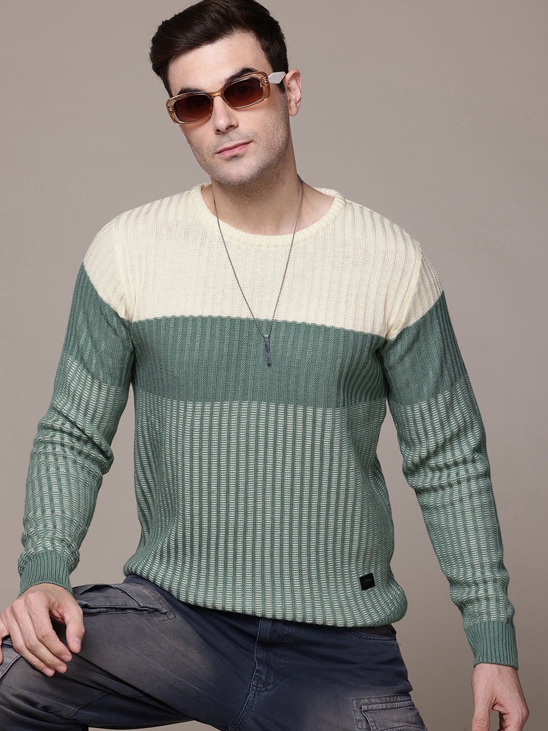

The Roadster Lifestyle Co. Striped & Ribbed Pure Acrylic Pullover, Green