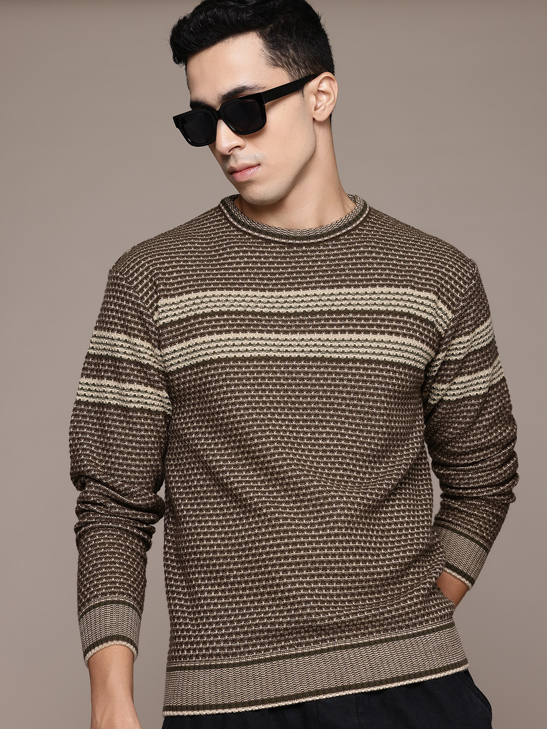 

The Roadster Lifestyle Co. Men Striped Acrylic Pullover, Brown