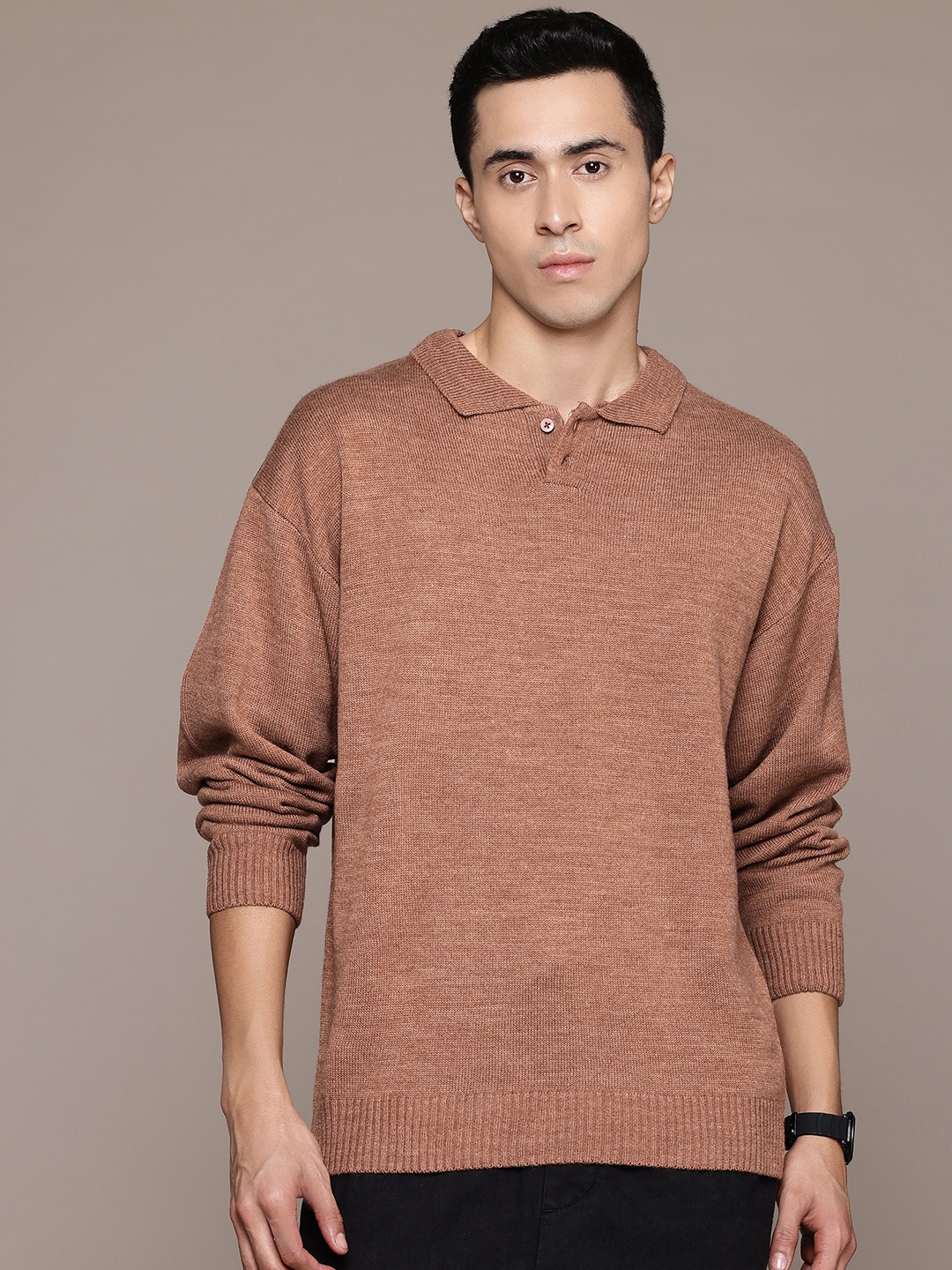 

The Roadster Lifestyle Co. Men Mock Collar Acrylic Pullover, Brown