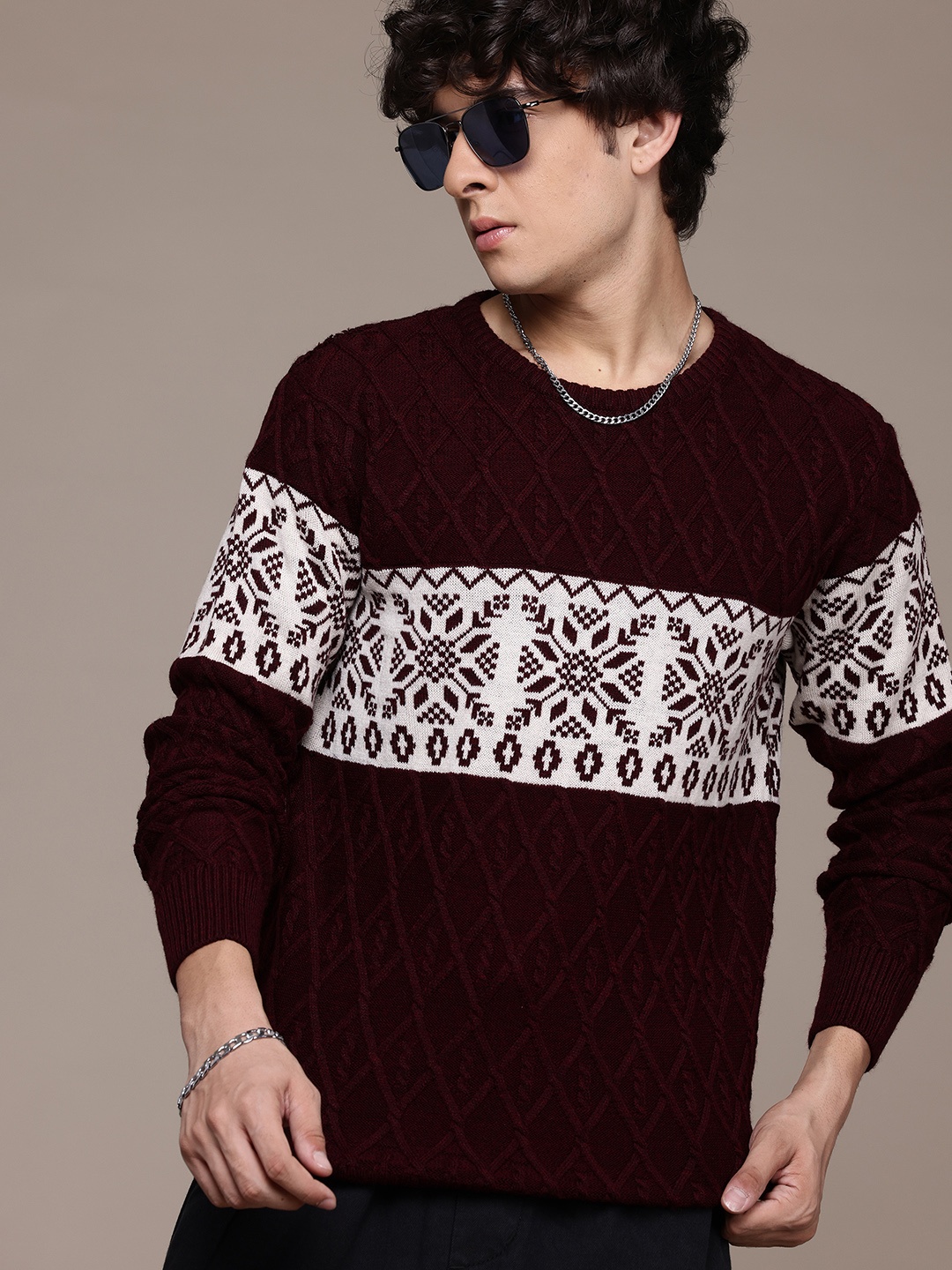

The Roadster Lifestyle Co. Fair Isle Print Pure Acrylic Longline Pullover, Maroon