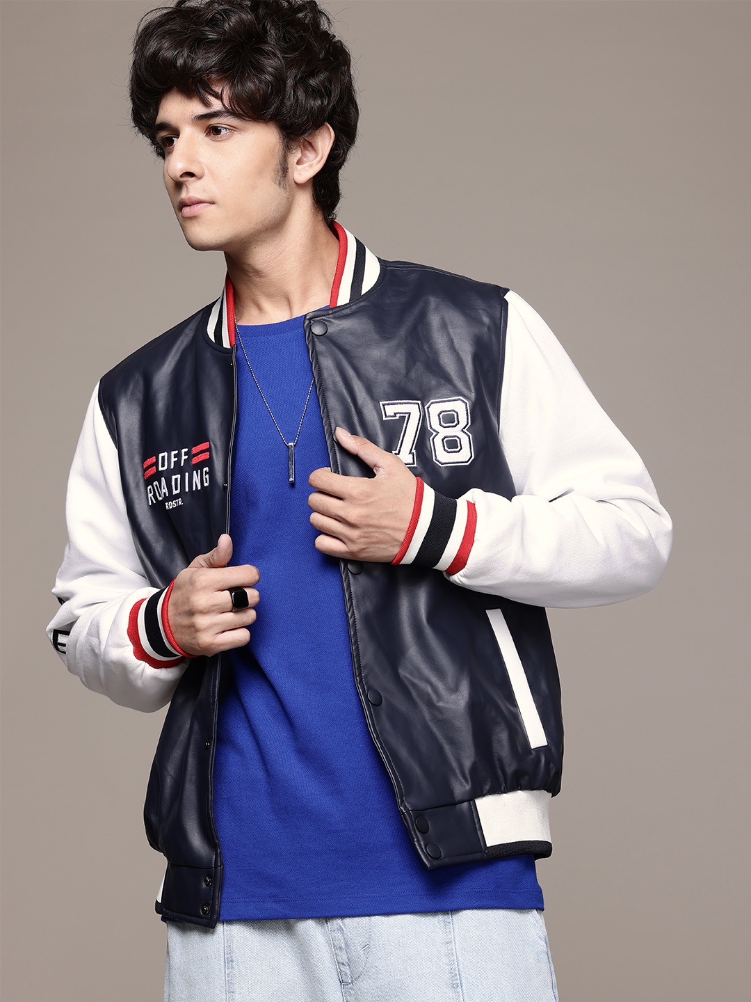 

The Roadster Lifestyle Co. Men PU Coated Bomber Jacket, Navy blue