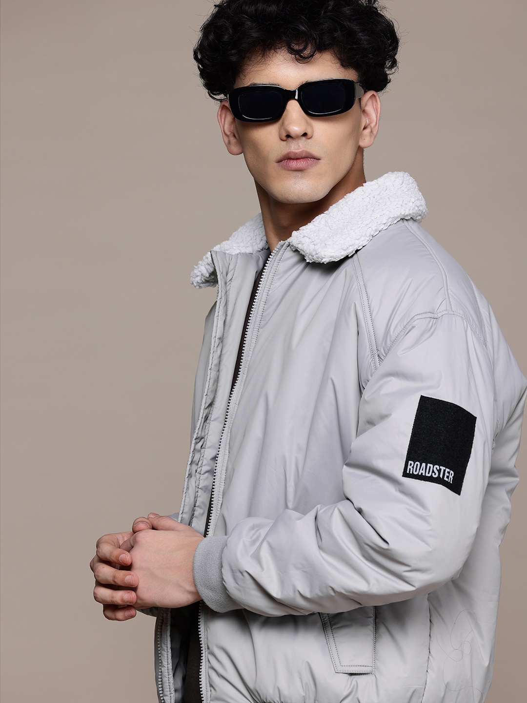 

Roadster The Lifestyle Co. Fleece Detail Spread Collar Bomber Jacket, Grey