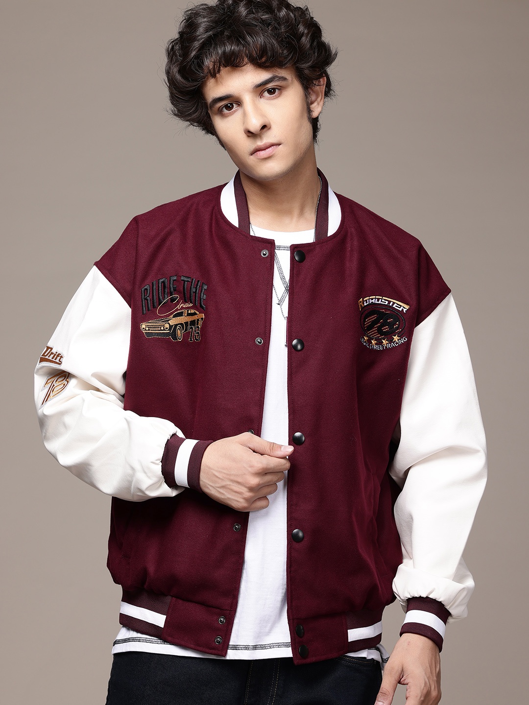 

The Roadster Lifestyle Co. Typography Varsity Jacket with Embroidered Detail, Maroon