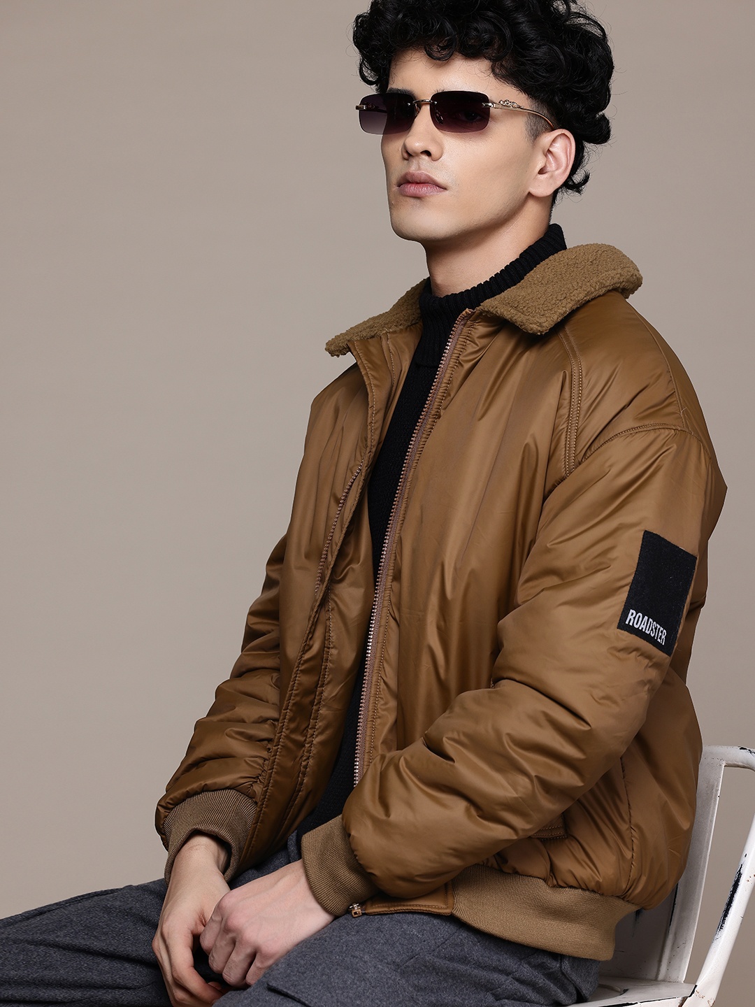 

Roadster The Lifestyle Co. Fleece Detail Spread Collar Bomber Jacket, Brown