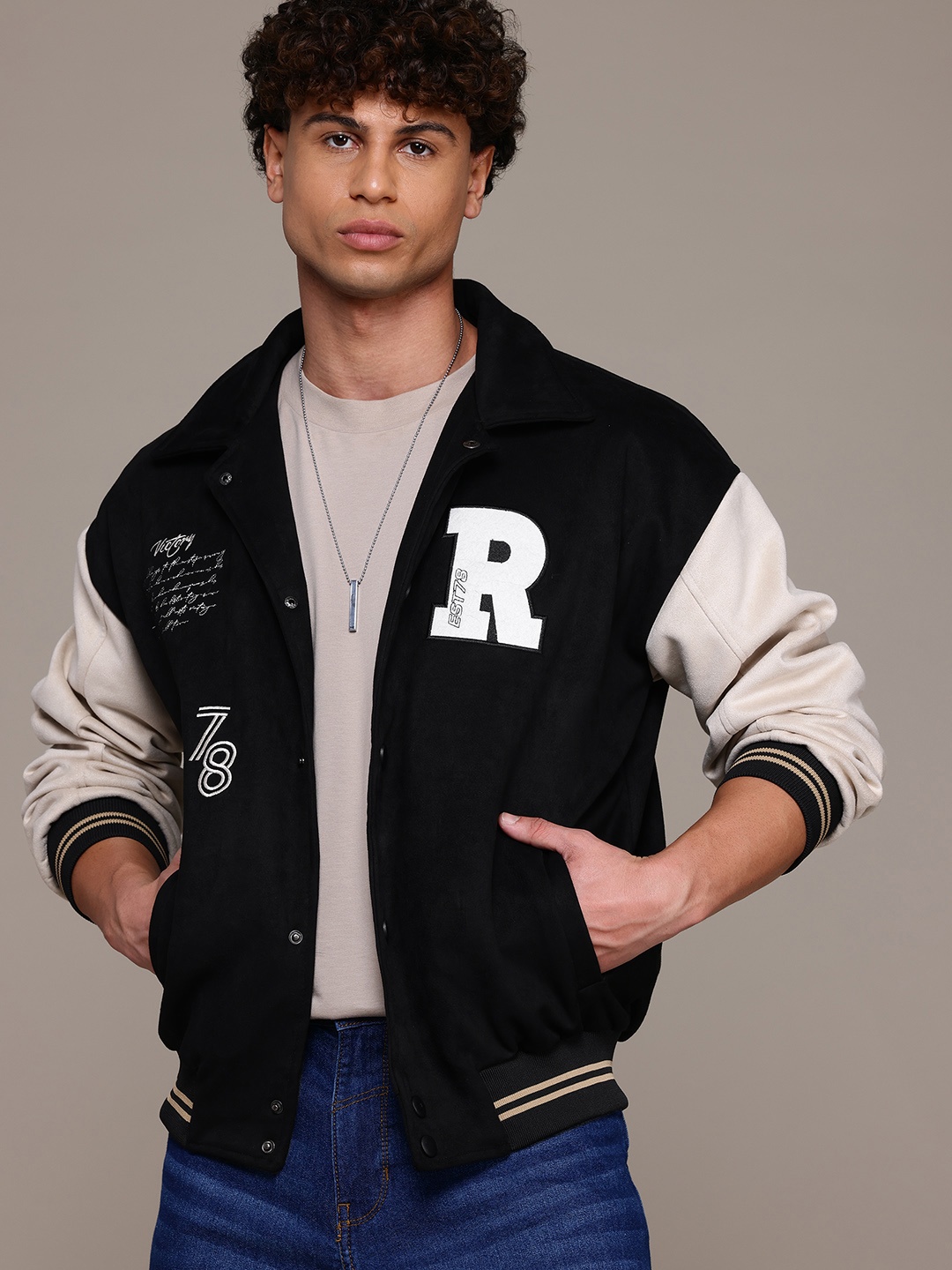 

The Roadster Lifestyle Co. Typography Embroidered Suede Finish Varsity Jacket, Black