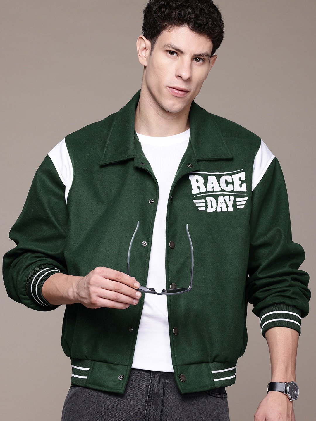 

The Roadster Lifestyle Co. Varsity Jacket with Patchwork, Green