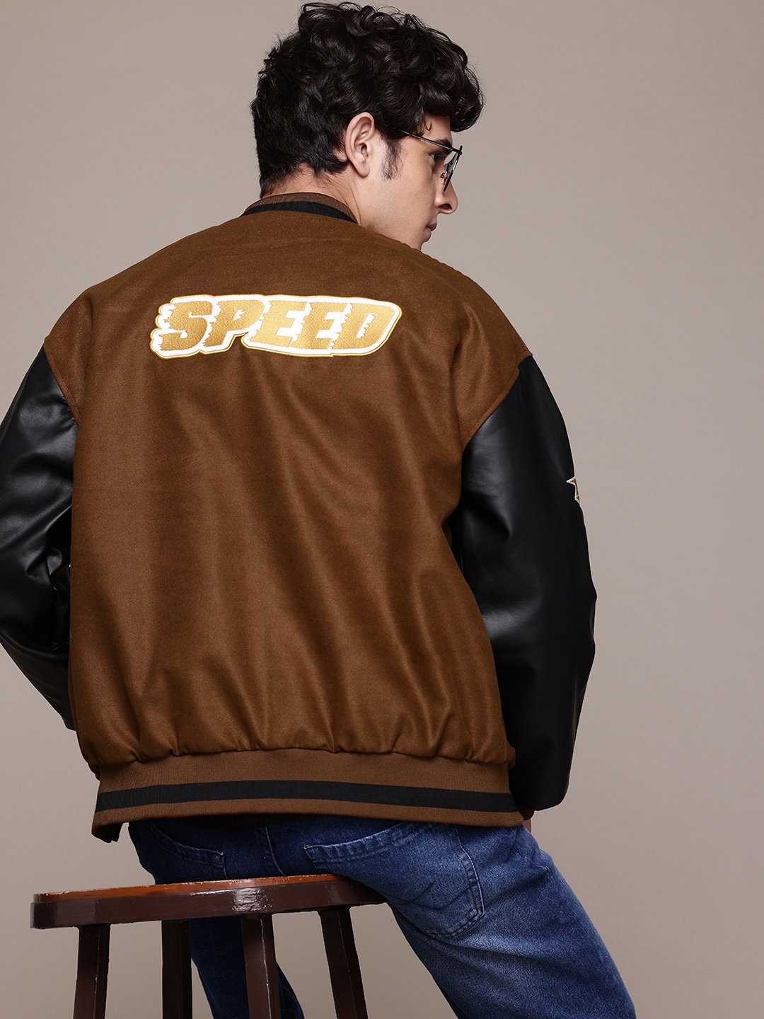 

The Roadster Lifestyle Co. Colourblocked Embroidered Biker Jacket, Brown