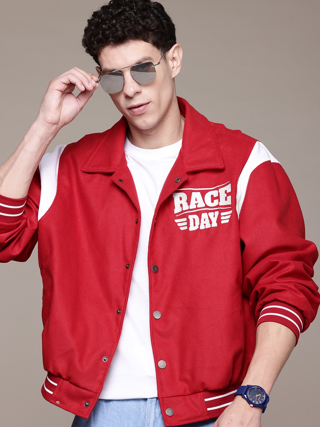 

The Roadster Lifestyle Co. Varsity Jacket with Patchwork, Red