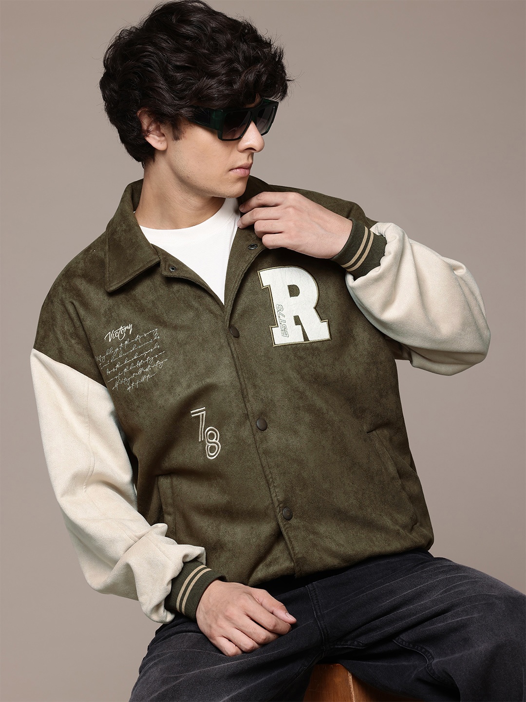 

Roadster The Lifestyle Co. Colourblocked Applique Bomber Jacket, Olive