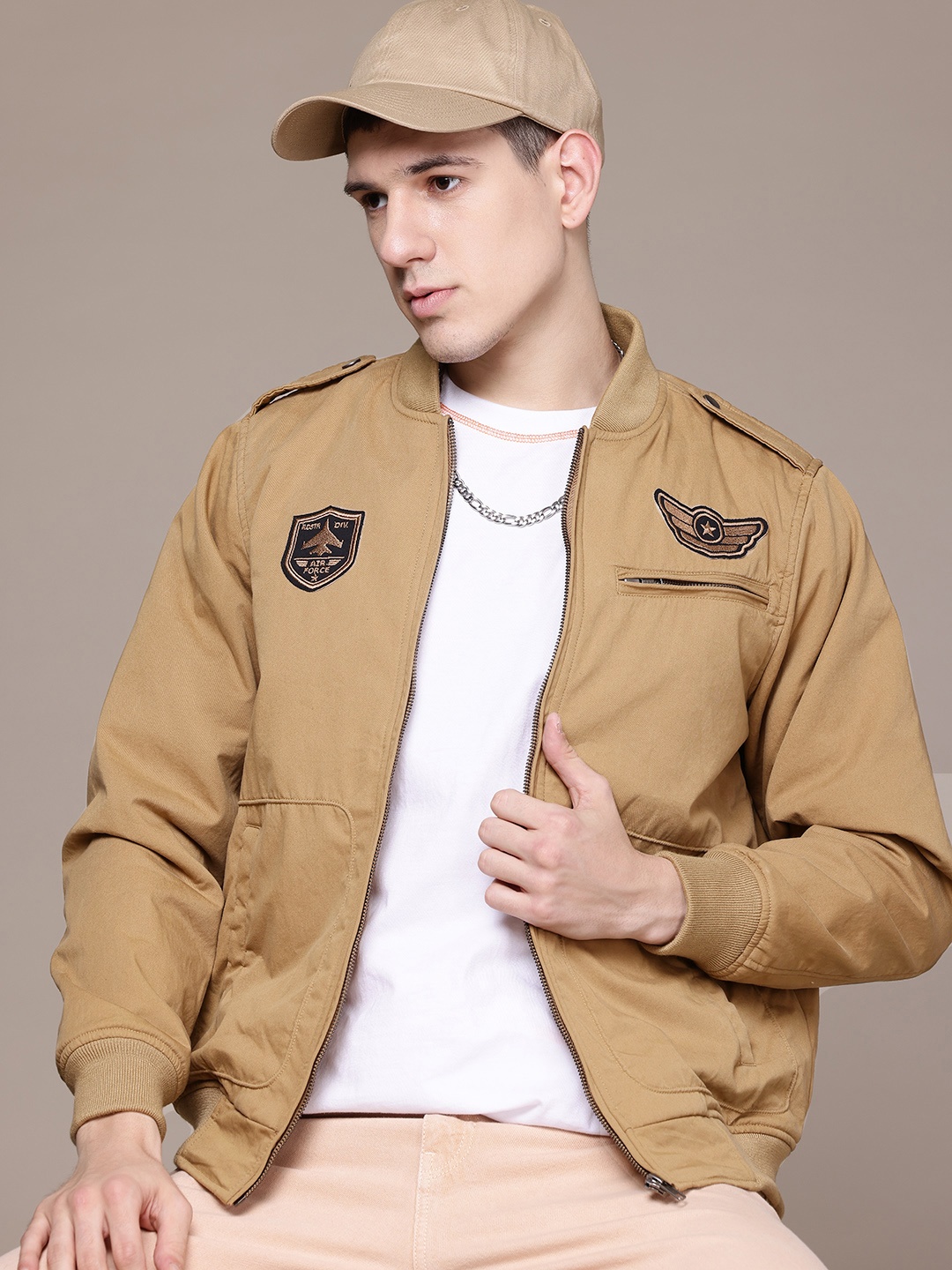 

The Roadster Lifestyle Co. Shoulder Tabs Mock Collar Bomber Jacket, Brown