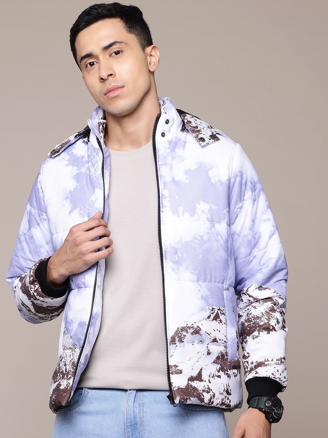 

The Roadster Lifestyle Co. Printed Padded Jacket with Detachable Hood, Blue