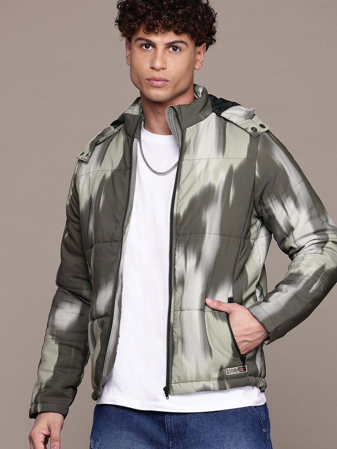 

The Roadster Life Co. Abstract Printed Hooded Padded Jacket, Olive