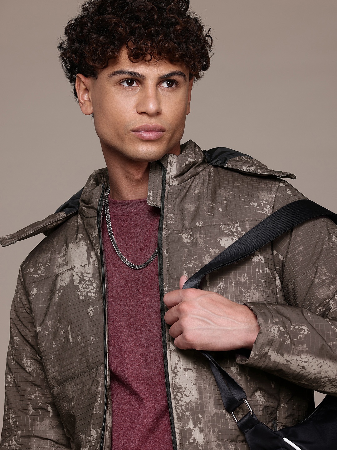 

The Roadster Life Co. Abstract Printed Textured Hooded Padded Jacket, Brown