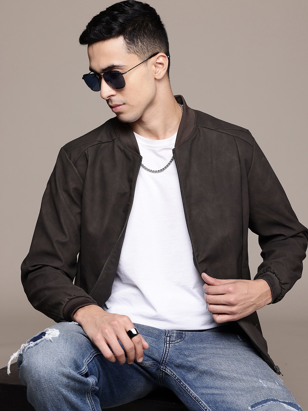 

The Roadster Lifestyle Co. Mock-Collar Bomber Jacket, Coffee brown