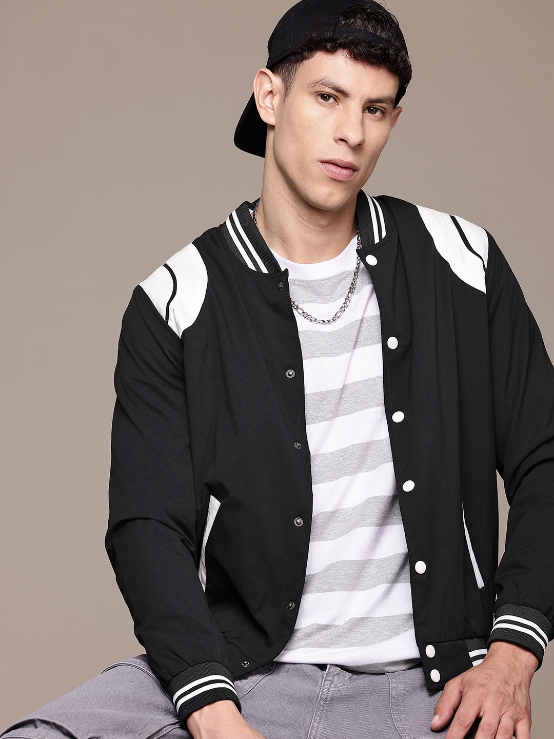 

The Roadster Lifestyle Co. Printed Detail Varsity Jacket, Black