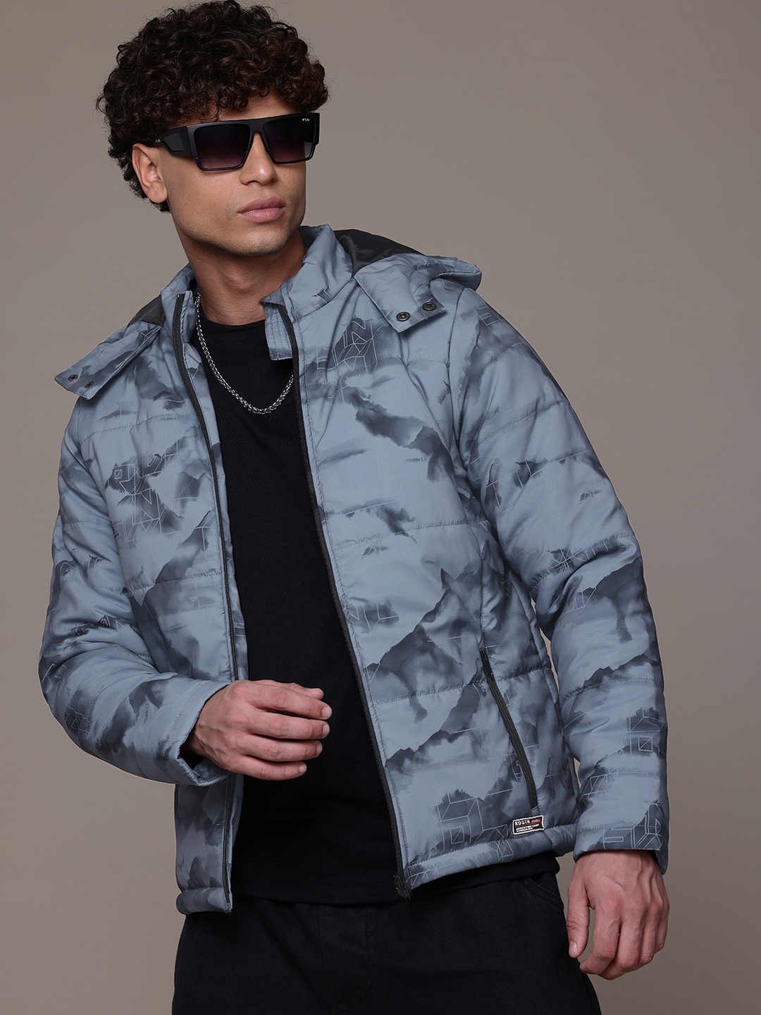 

The Roadster Lifestyle Co. Abstract Print Hooded Padded Jacket, Grey