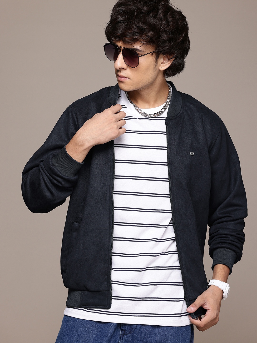 

The Roadster Lifestyle Co. Suede Finish Bomber Jacket, Navy blue