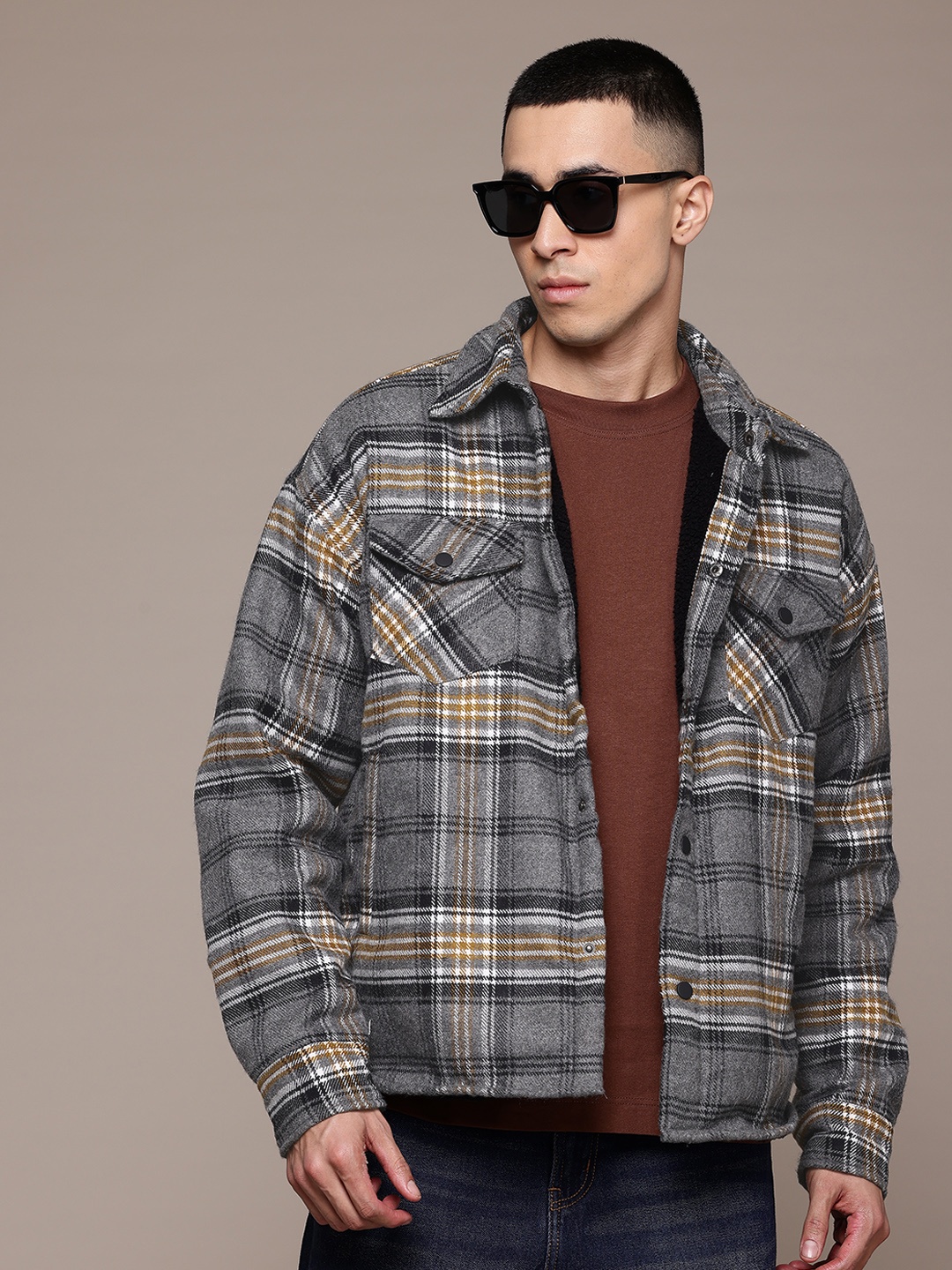 

The Roadster Lifestyle Co. Tartan Checked Spread Collar Tailored Jacket, Grey