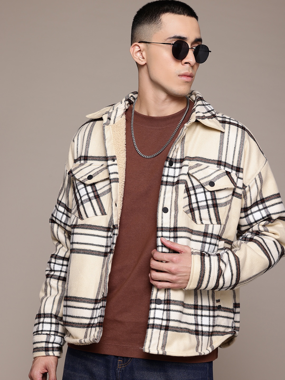 

The Roadster Lifestyle Co. Tartan Checked Spread Collar Tailored Jacket, Beige