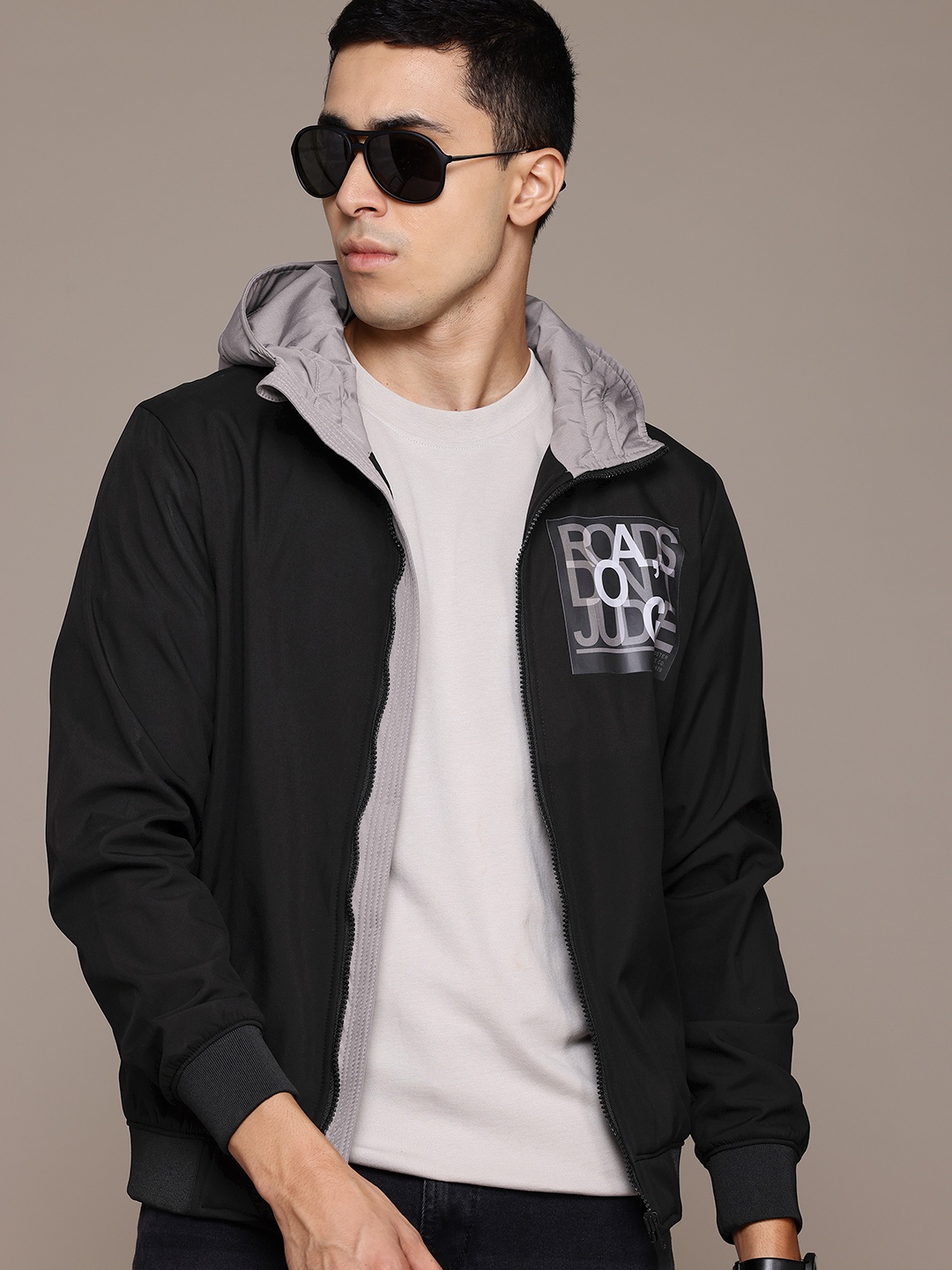 

Roadster The Lifestyle Co. Typography Printed Tailored Hooded Jacket, Black