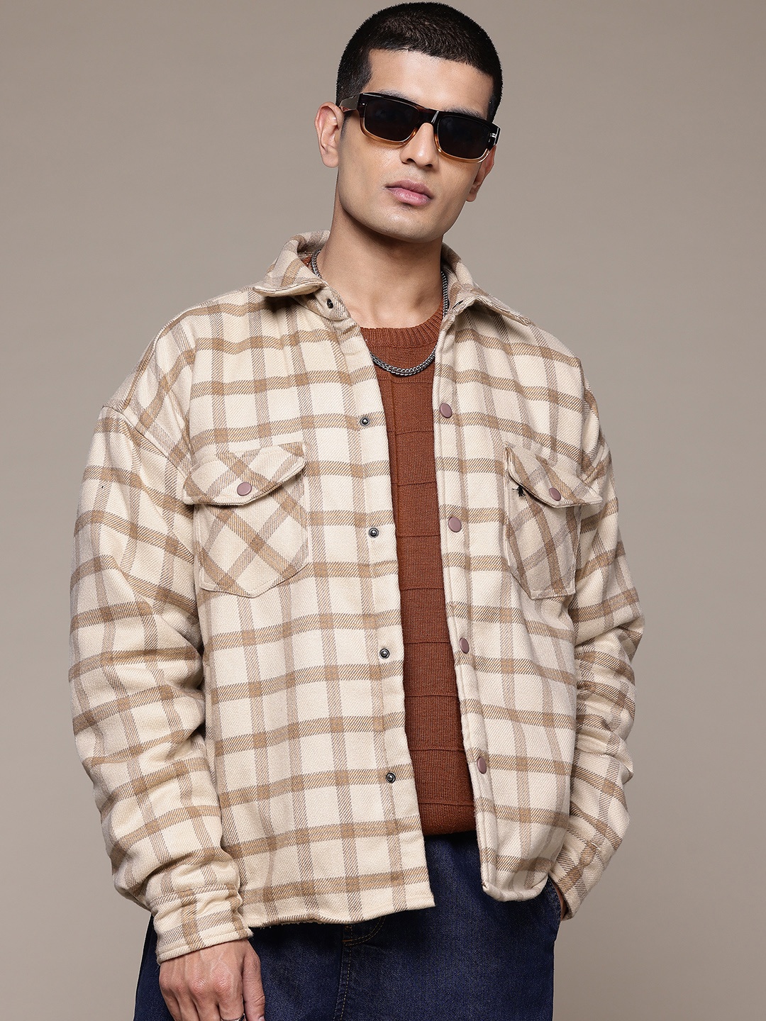 

The Roadster Lifestyle Co. Checked Fleece Lined Jacket, Beige
