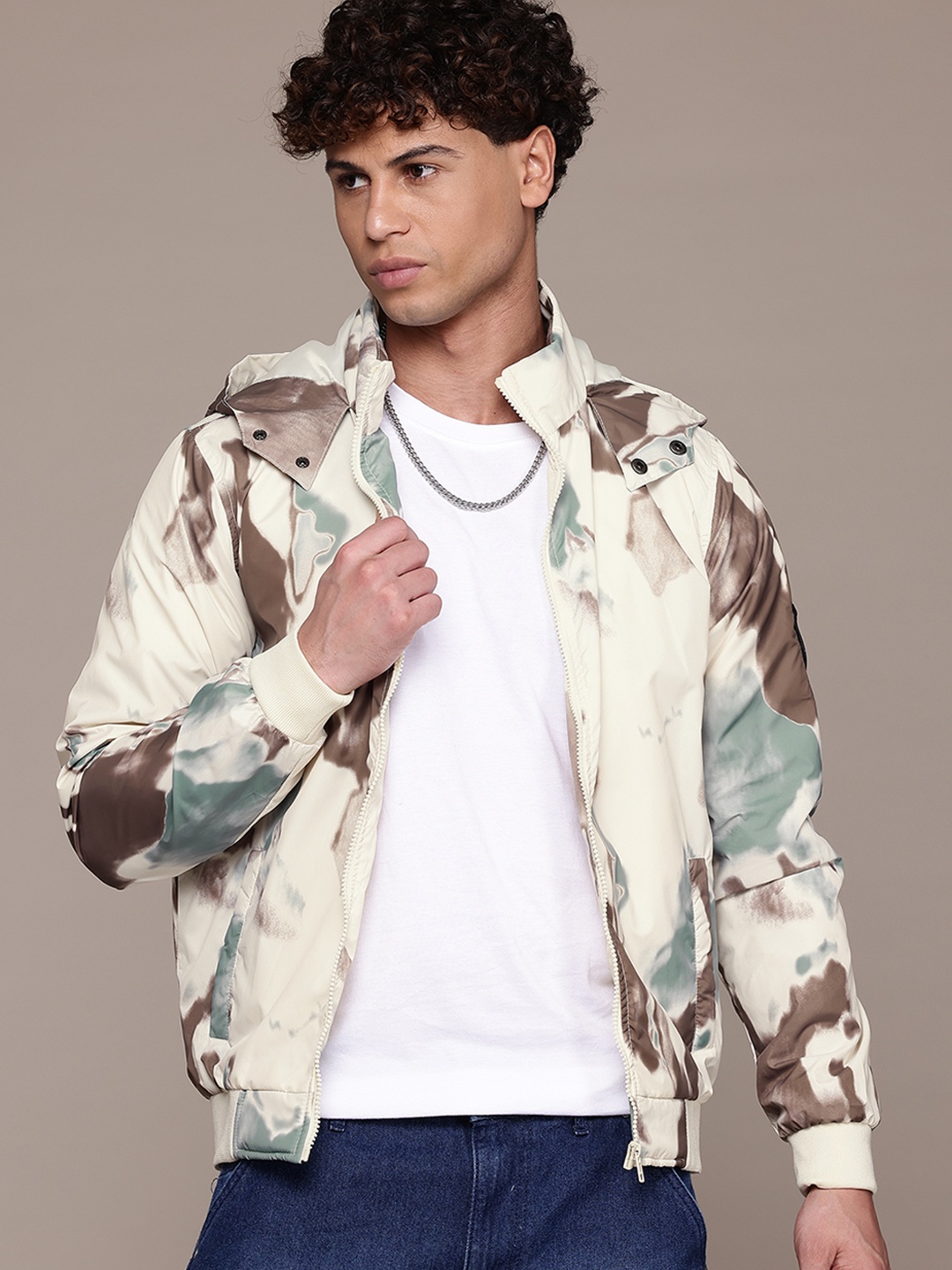 

The Roadster Lifestyle Co. Abstract Print Padded Hooded Jacket, Beige