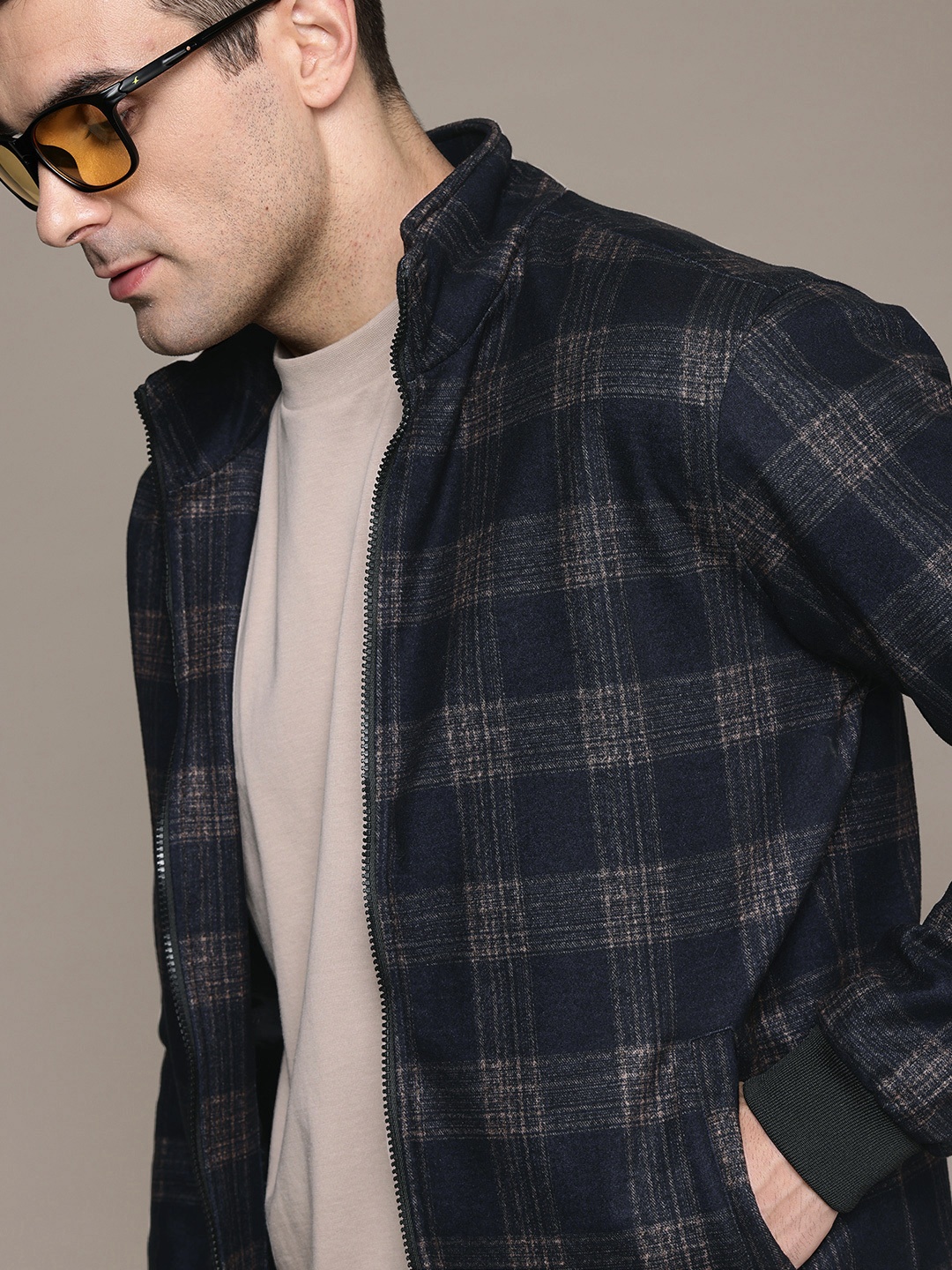 

Roadster Tartan Checked Flannel Finish Bomber Jacket, Navy blue