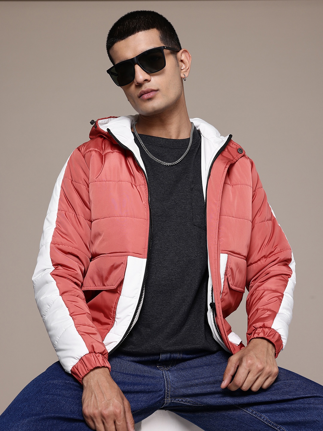 

The Roadster Lifestyle Co. Men Brand Logo Puffer Jacket, Rust