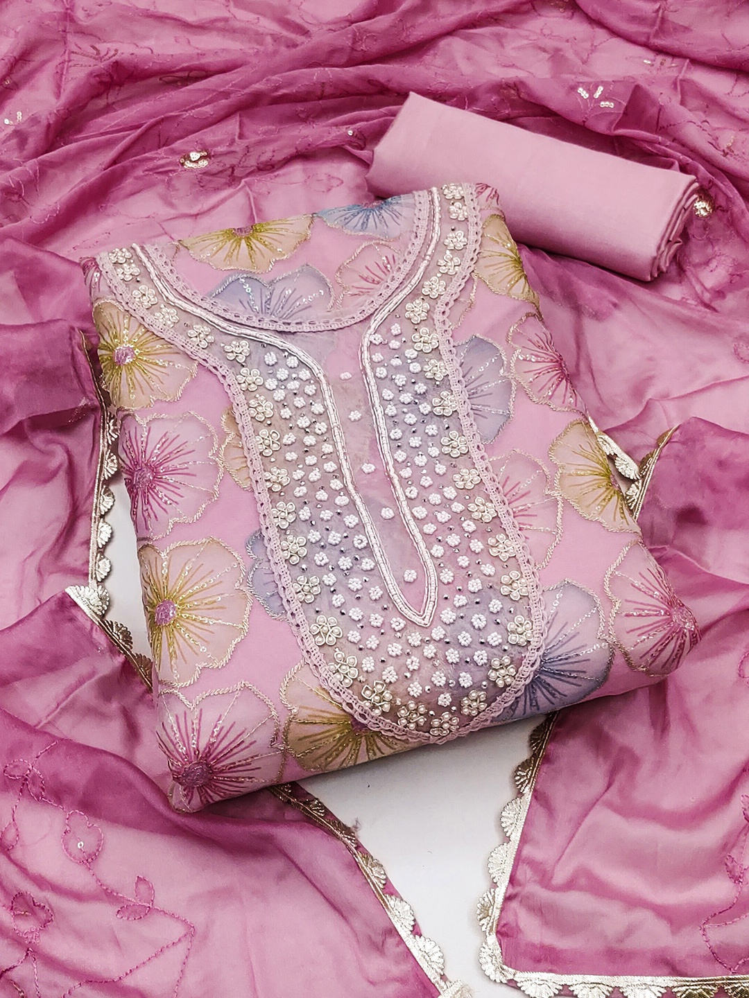 

KALINI Embellished Organza Unstitched Dress Material, Pink