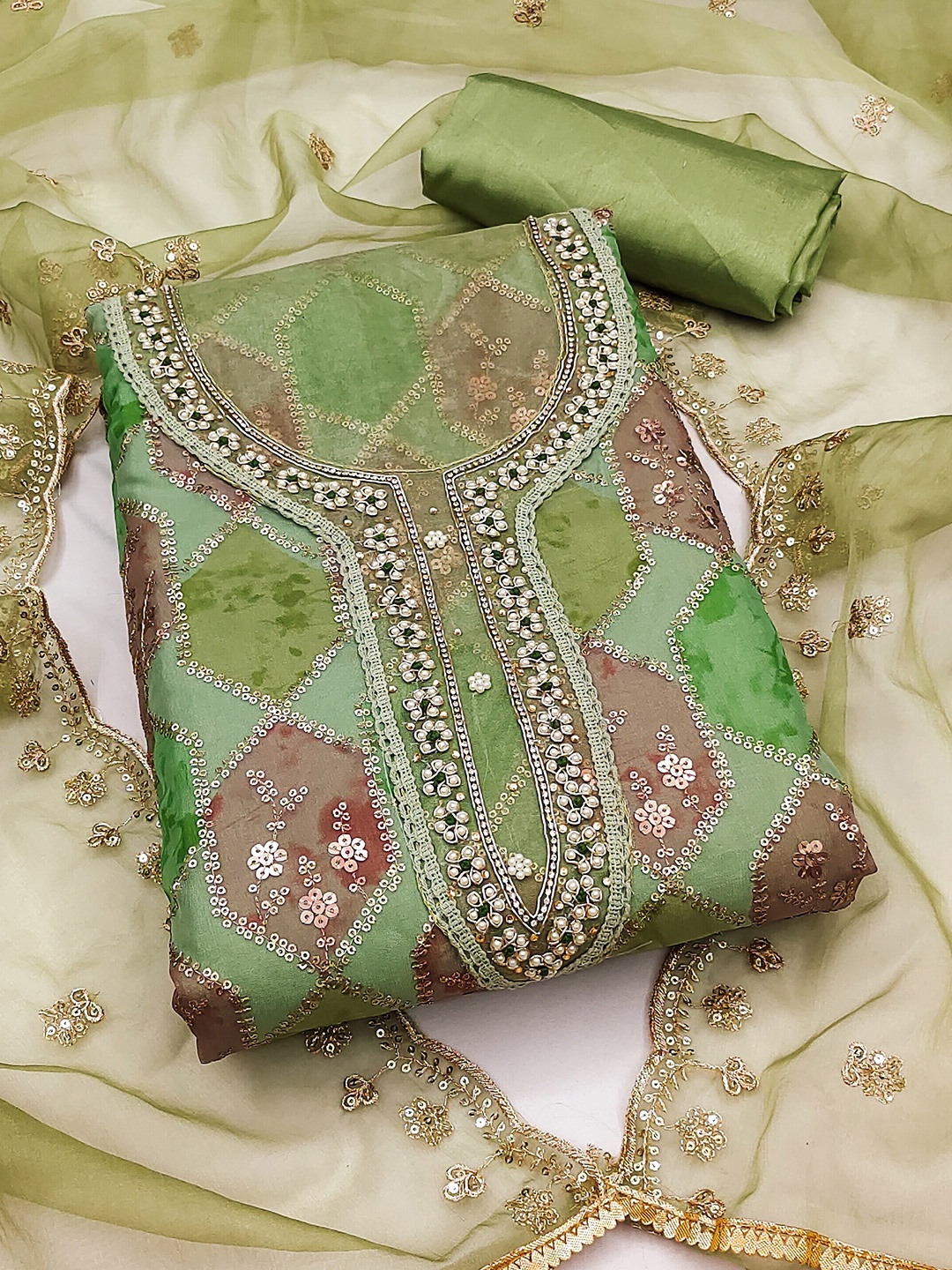 

KALINI Embellished Organza Unstitched Dress Material, Green