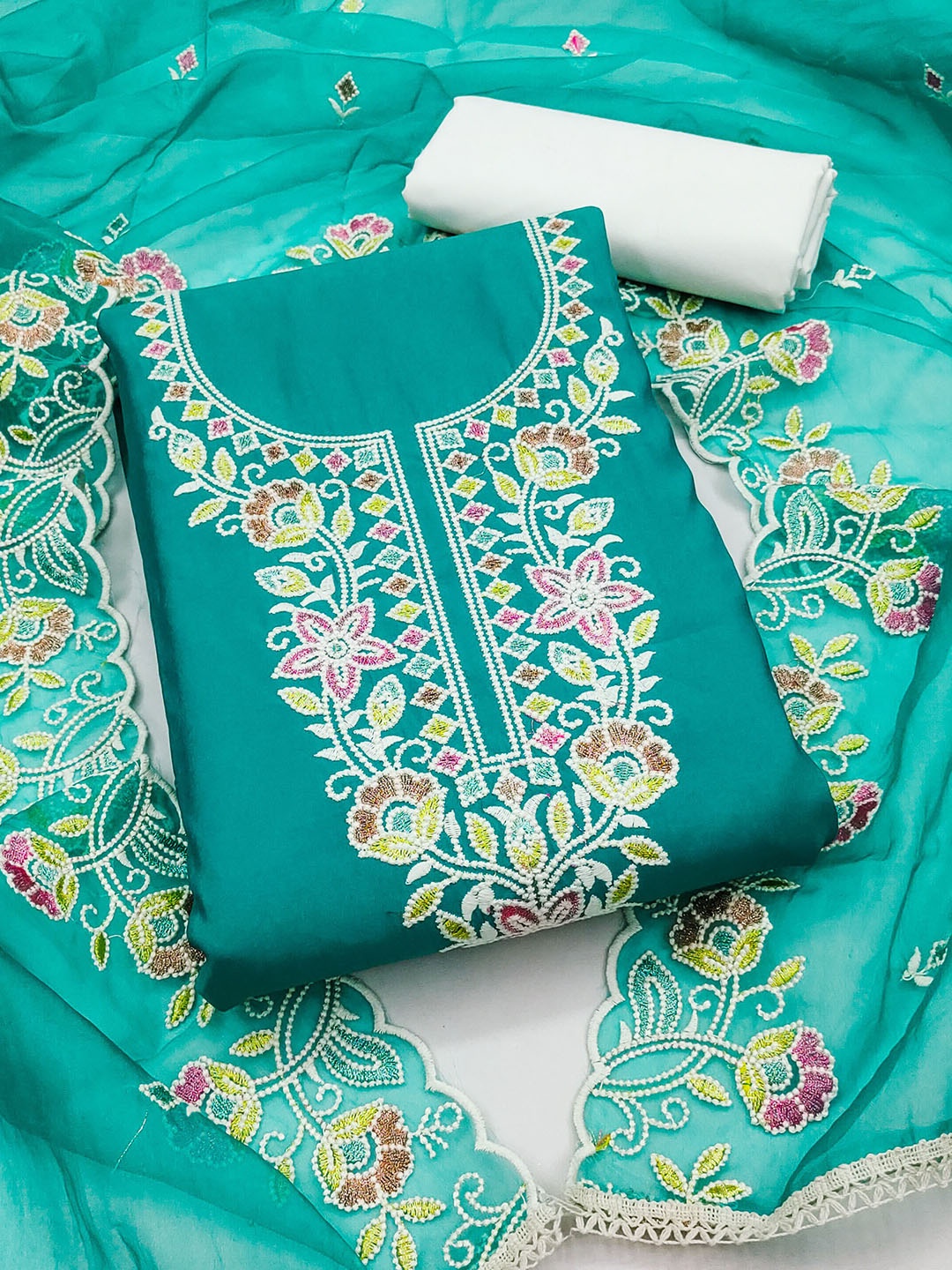 

KALINI Embroidered Unstitched Dress Material, Turquoise blue