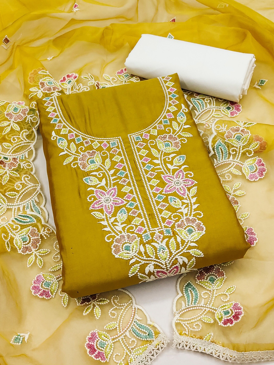 

KALINI Embroidered Unstitched Dress Material, Mustard
