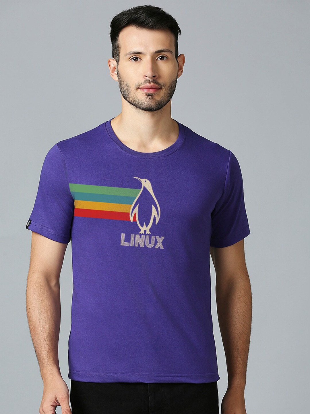 MOD ECRU Unisex Typography Printed V-Neck Applique T-shirt, Purple