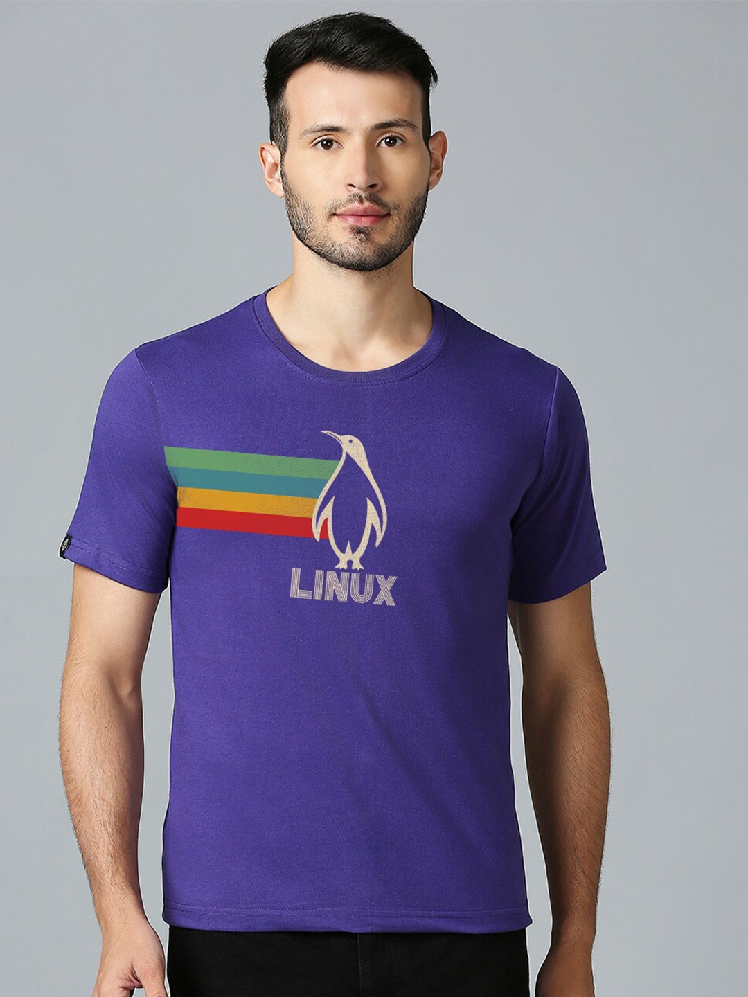 

MOD ECRU Unisex Typography Printed V-Neck Applique T-shirt, Purple