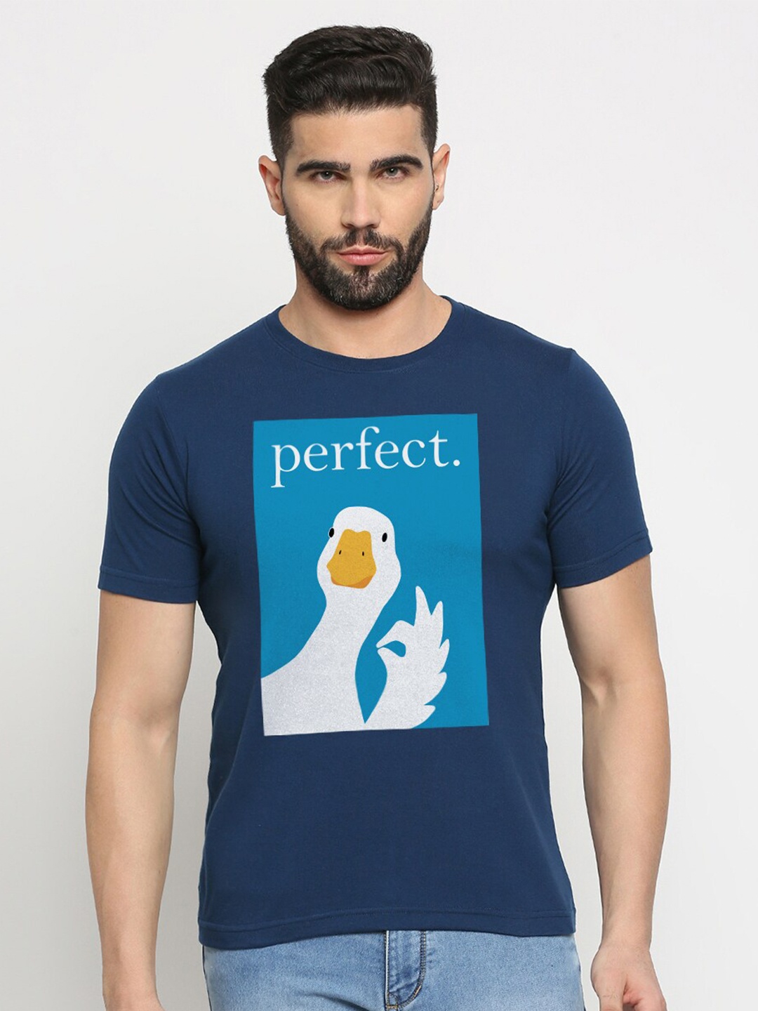 

MOD ECRU Unisex Printed V-Neck Raw Edge T-shirt, Blue