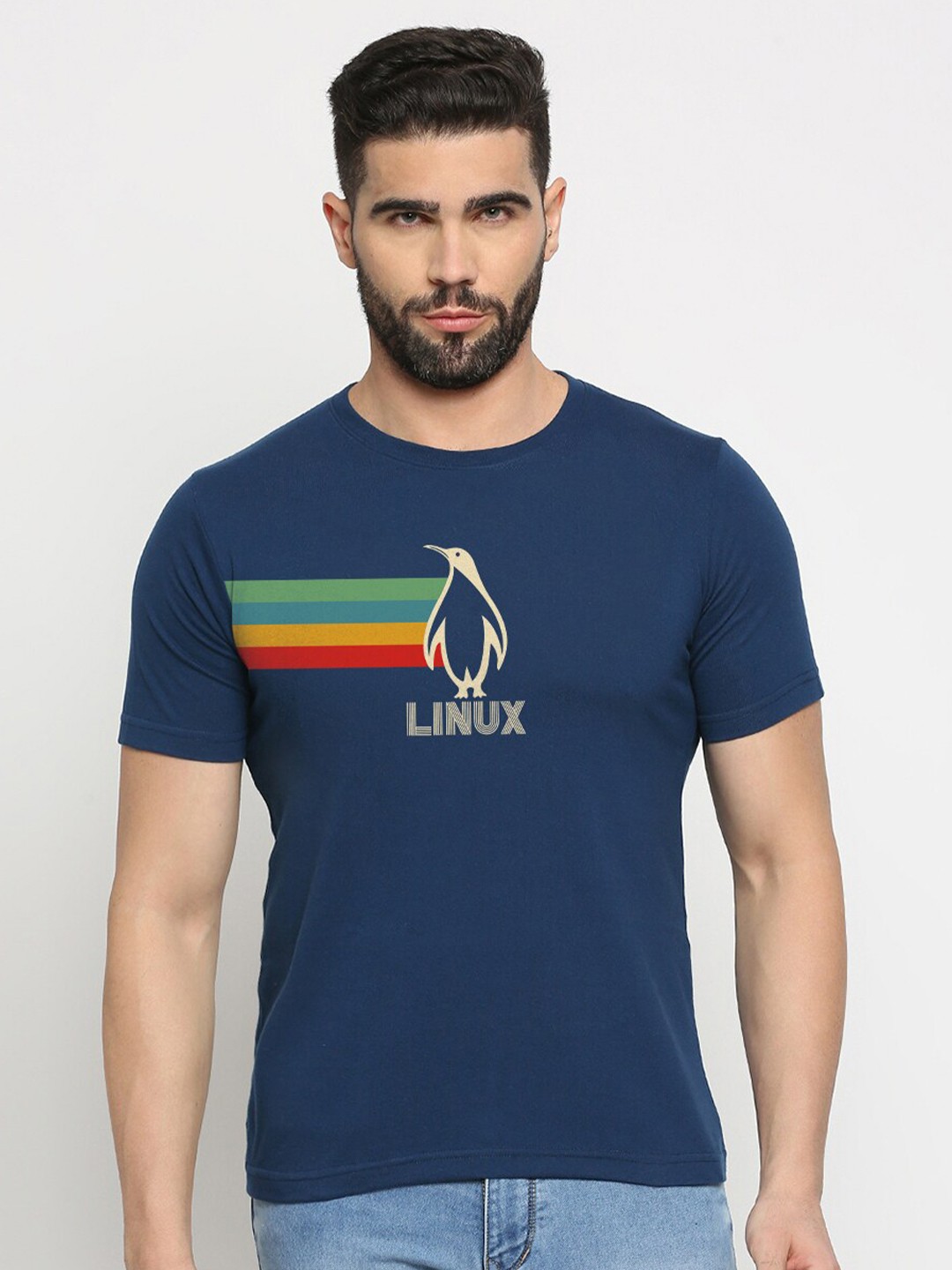

MOD ECRU Unisex Typography Printed V-Neck Applique T-shirt, Blue