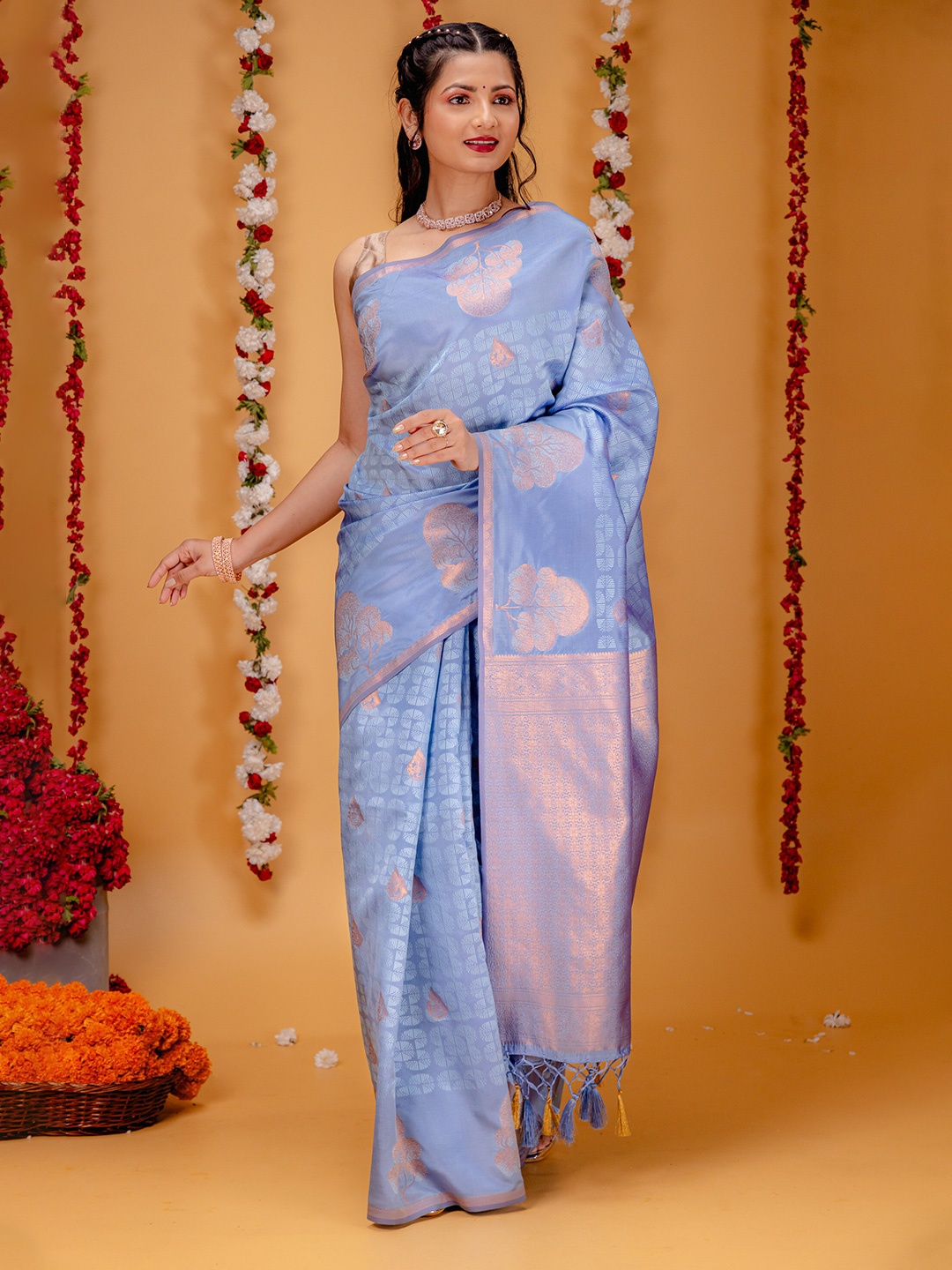 

MIMOSA Ethnic Motifs Zari Art Silk Kanjeevaram Saree, Blue