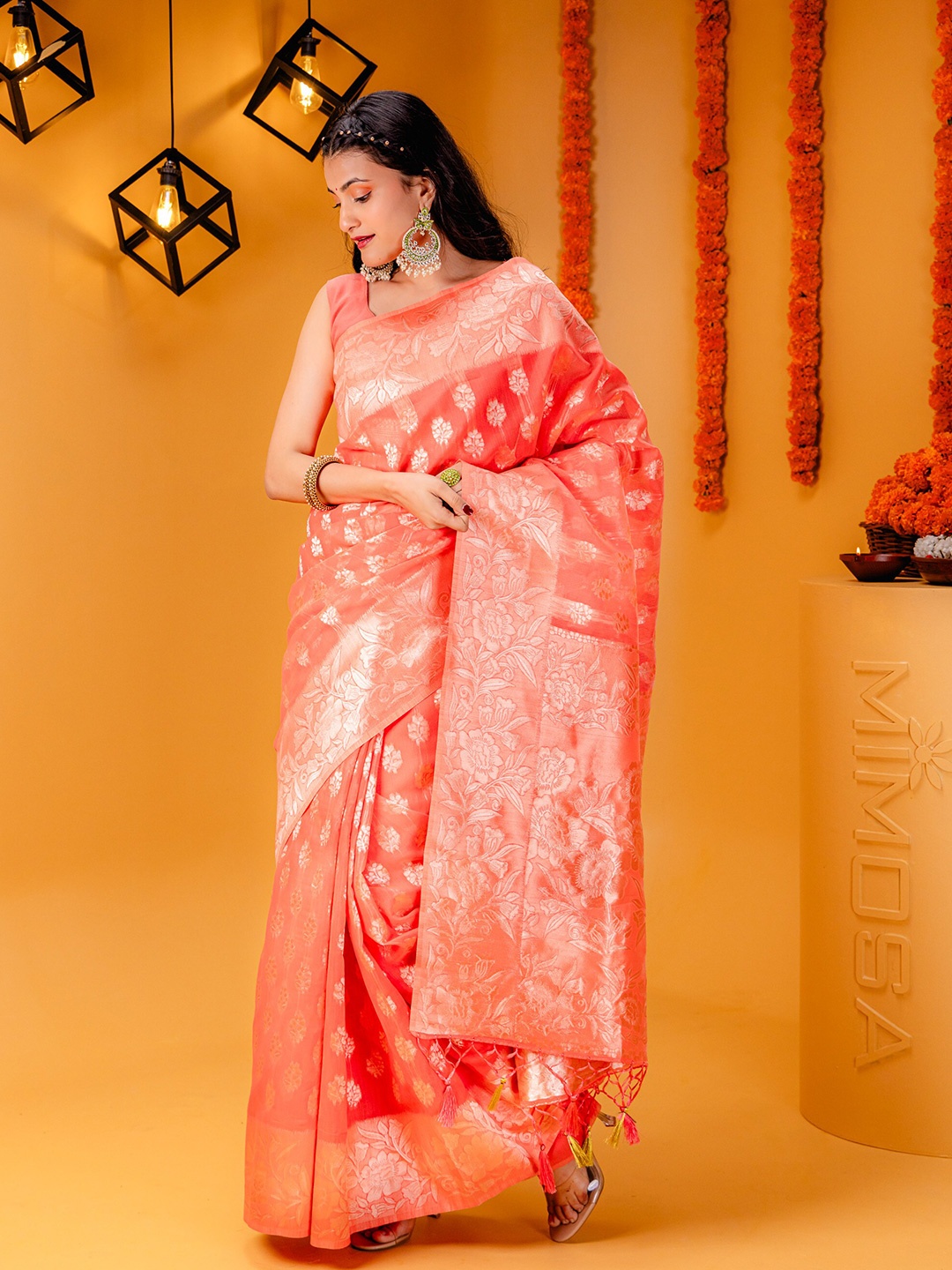 

MIMOSA Ethnic Motifs Woven Design Zari Banarasi Saree, Pink