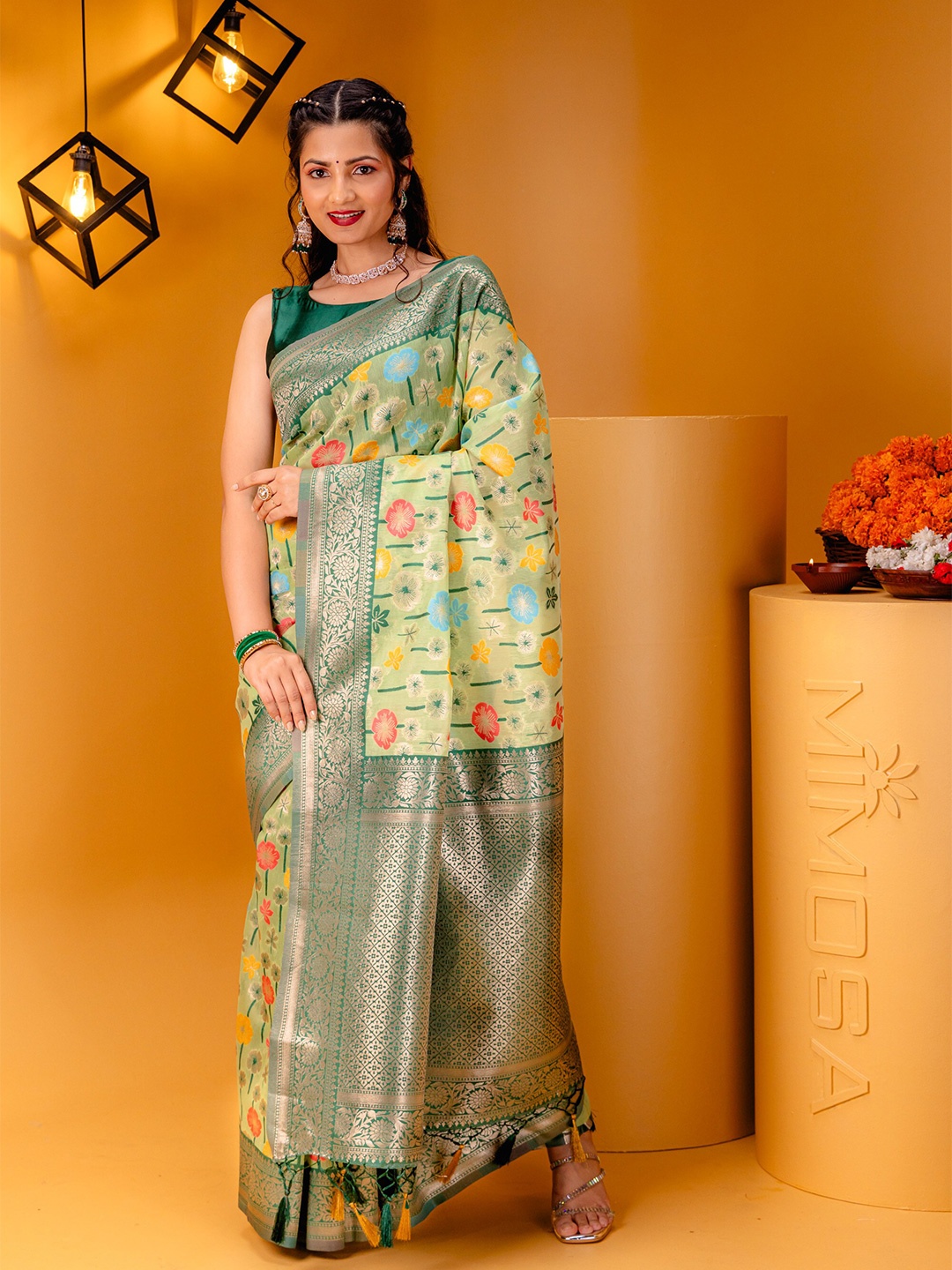 

MIMOSA Ethnic Motifs Zari Art Silk Banarasi Saree, Olive