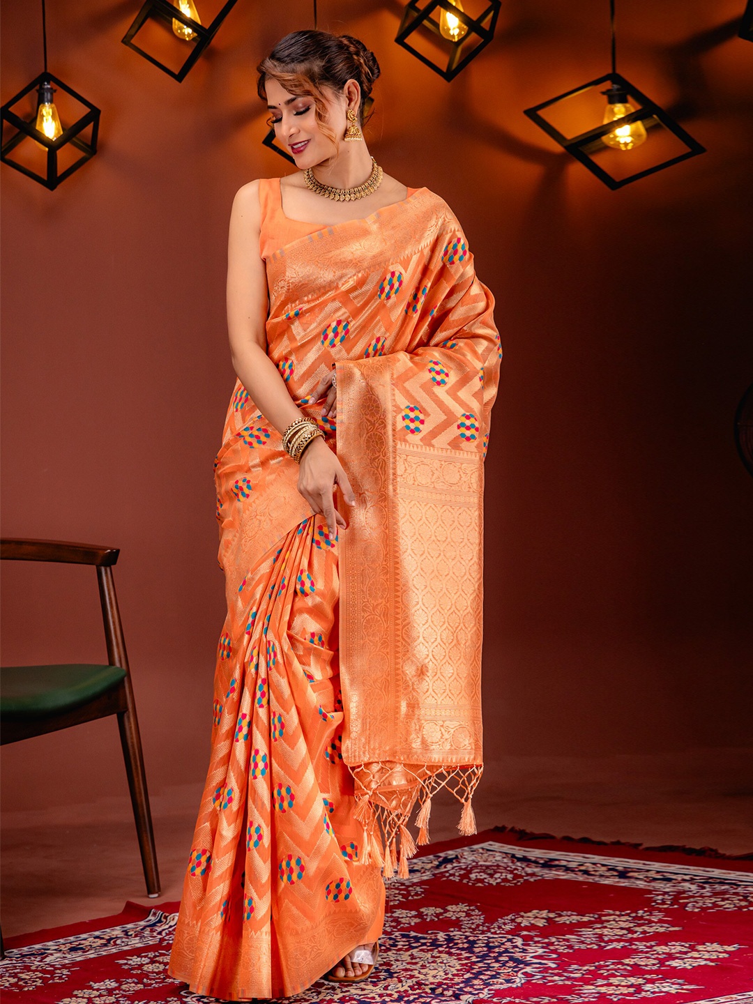 

MIMOSA Woven Design Zari Art Silk Banarasi Saree, Peach