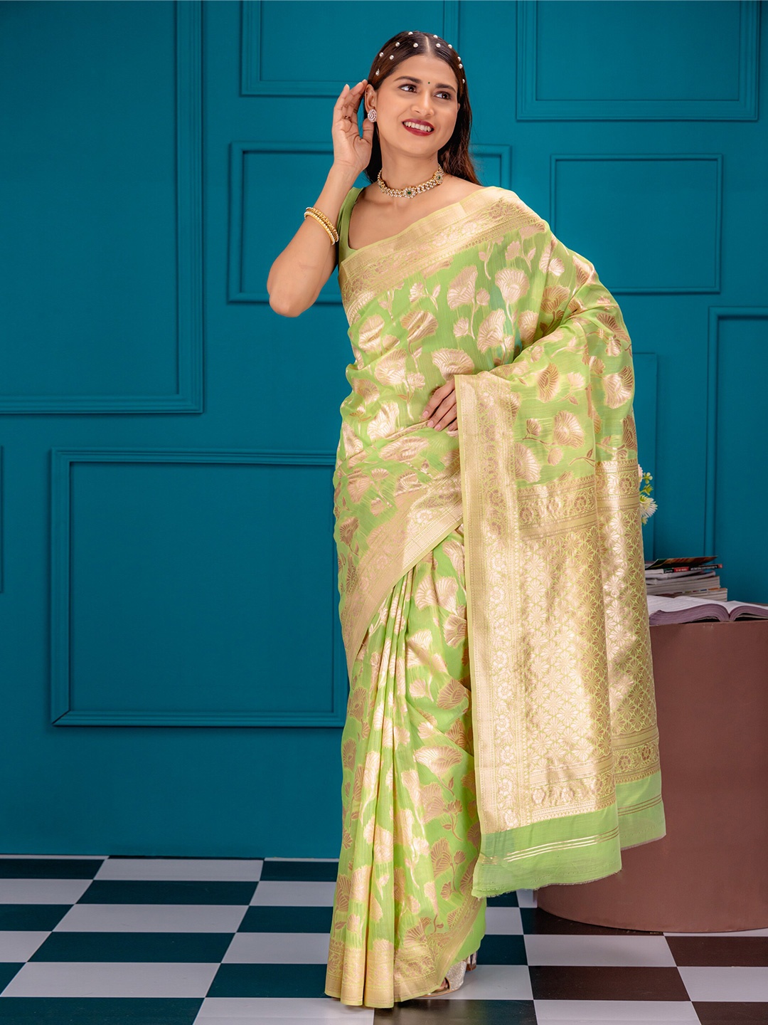 

MIMOSA Floral Zari Art Silk Banarasi Saree, Olive