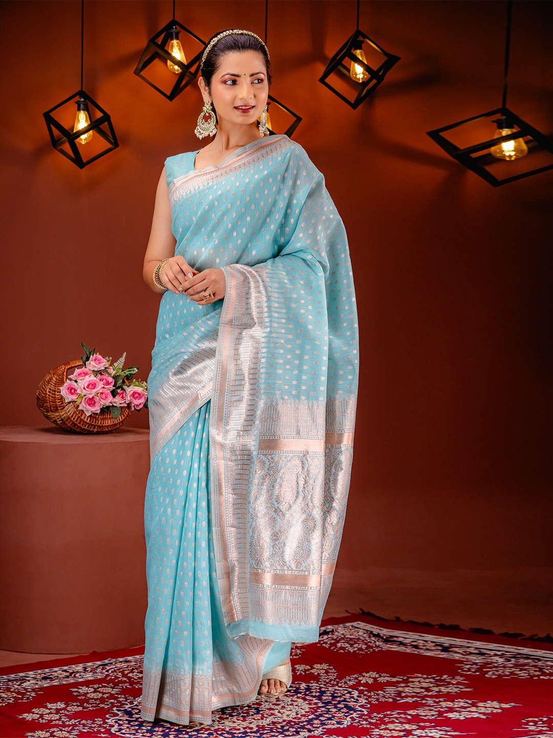 

MIMOSA Ethnic Motifs Woven Design Zari Art Silk Banarasi Saree, Turquoise blue